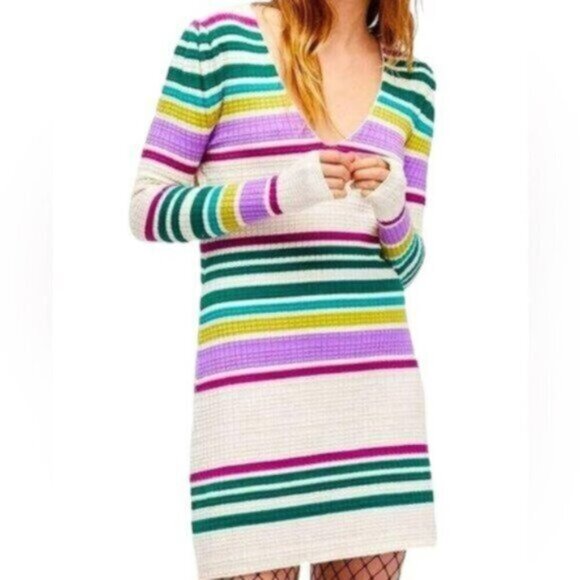 NWT Free People | Gidget Ivory & Striped Thermal Sweater Dress Size Medium - Picture 4 of 11